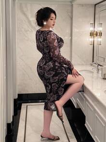 Flirla Plus Size Women Casual Knitted Printed Long Sleeve Dress Fall Cloth For Women - Multicolor - View 2
