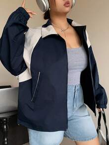 Dazy Plus Color Block Collar Zip Up Loose Fit Plus Size Women Sports Casual Jacket Fall/Winter