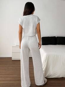 SHEIN PETITE Grey Knit T-Shirt And Pants Women's Loungewear Set Two Piece Lounge Set Two Piece Set Women Grey Two Piece Set Casual Two Piece Set Comfortable Two Piece Set