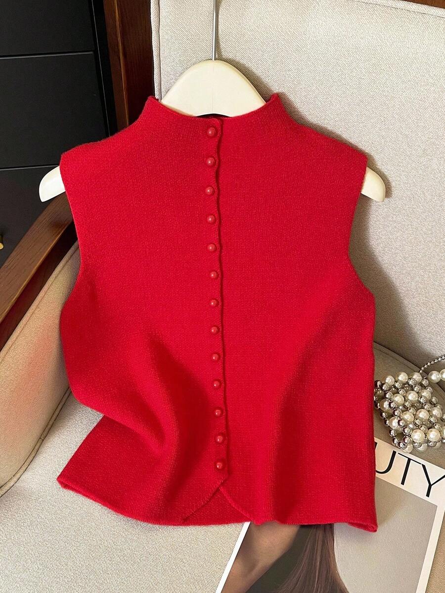 Franclia Casual Loose Turtleneck Sleeveless Knitted Button Design Red Women's Sweater Top, Spring/Autumn - Red - View 1