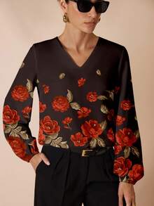 Glamance Whitebread Camisa de mujer de manga larga con estampado de flores elegante y casual, adecuada para el otoño, blusa de manga farol negra con estampado floral - Multicolor - Ver 5