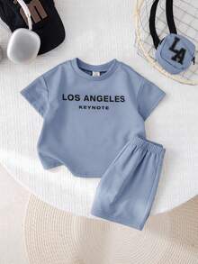 SHEIN 3pcs/Set Babybo Summer Casual Letter Print Short Sleeve T-Shirt, Elastic Waist Shorts, Bonus Crossbody Bag - Blue - View 4