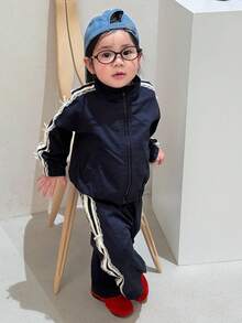 DAZY Conjunto de chaqueta casual de estilo coreano con lazo de unicolor para bebés niñas en otoño/invierno - Azul Marino - Ver 3