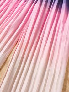 青少年女孩連身褲，圓領花卉袖漸層百褶寬腿褲，後拉鍊設計，粉色與藍色，夏季可愛度假假期時尚穿搭 - 彩色 - 查看 5