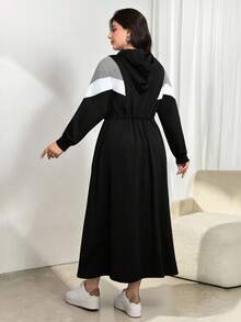 Modelyn Plus Size Women Long Sleeve Drawstring Casual Autumn/Winter Hooded Color Block Cinched Waist Dress Fall Cloth For Women - Black - View 2