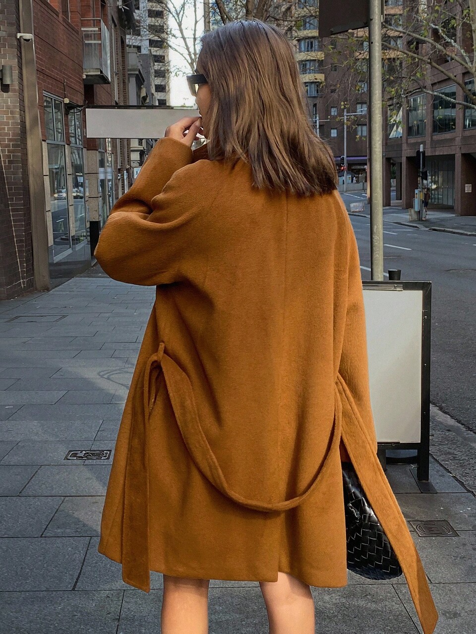 Women's Loose Solid Color Mid-Length Long Sleeve Belted Pocket Oblique Collar Casual Elegant Overcoat, Autumn/Winter