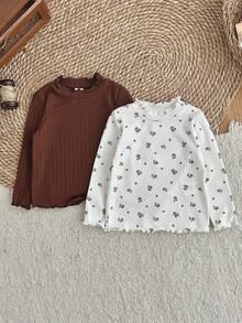 LMoss Kids Conjunto de 2 piezas para bebé niña con top de punto con cuello de volantes y estampado floral, top acanalado, top floral de manga larga, camisa marrón, top acanalado con borde de lechuga, camisa de manga larga, camisa acanalada, ropa de otoño - Multicolor - View 2