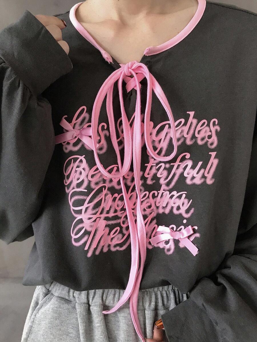 FRIFUL 女士圆领蝴蝶结撞色宽松前印花休闲长袖T恤，秋季/春季 - 黑色 - 查看 1