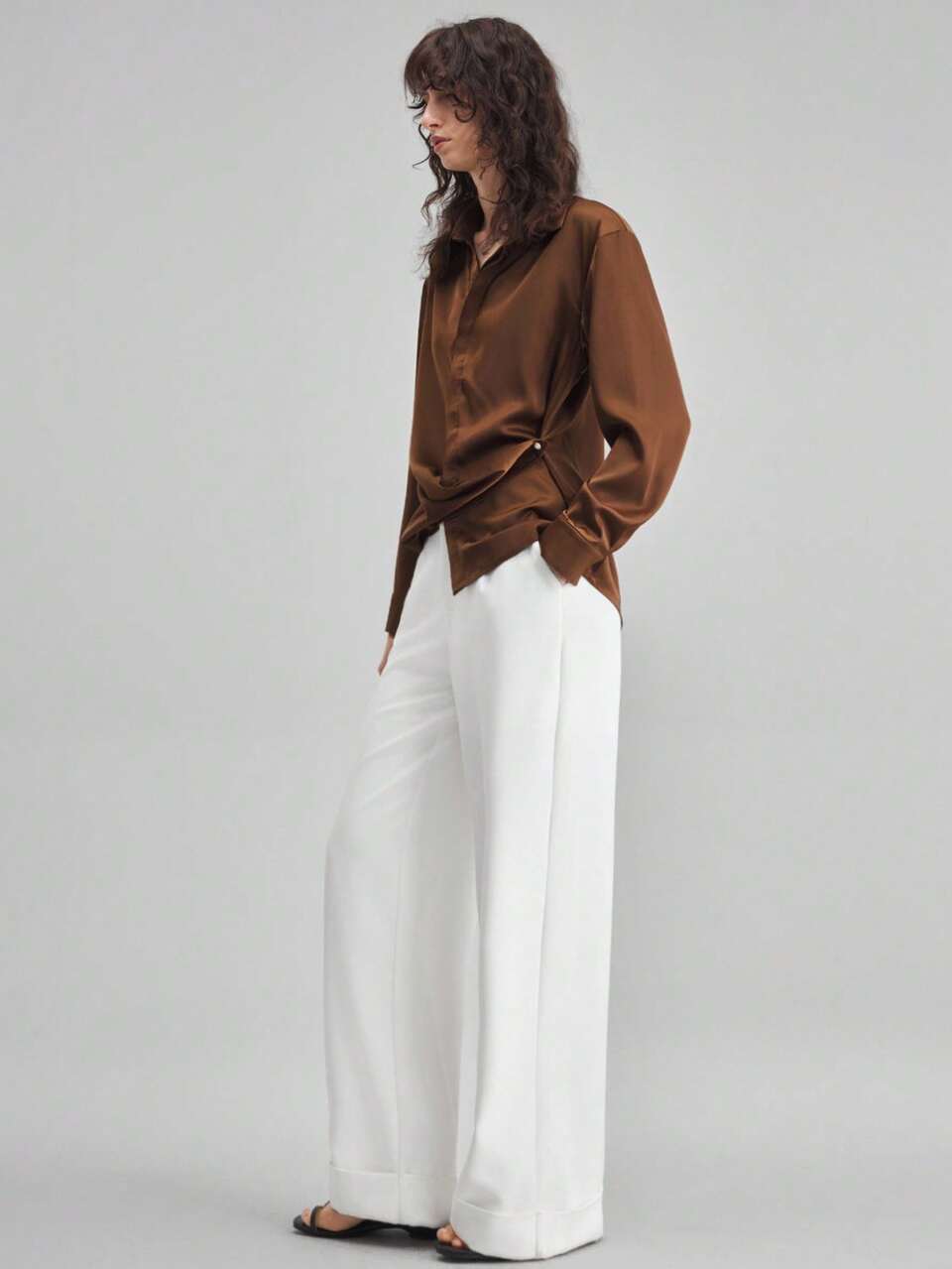 Women's Elegant Coffee Brown Autumn Office Shirt,Solid Color Button-Down Long Sleeve Modern Urban Casual Fashion Old Money Style High-End Material