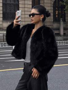 DAZY V领修身高端仿皮草女式外套，秋冬女装大衣 - 黑色 - 查看 5