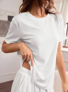 Hanevo Women's Casual Summer All White Loungewear Set,Ribbed Knit Round Neck Short Sleeve T-Shirt And Drawstring Waist Slant Pocket Shorts Set,Autumn Sports - White - View 4