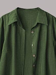 Linhara 大码女式休闲两件套，纯色翻领单排扣休闲/工作衬衫和高腰宽松阔腿裤套装 - 軍綠色 - 查看 7