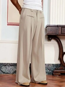 Manfinity VCAY Regular Fit Men's Fashionable Casual Deconstructed Pleated Design Relaxed Fit Wide Leg Long Pants - Grey - View 3