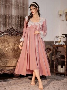 PalaceNights Vintage Palace Style Embroidered Floral Patchwork Peter Pan Collar Velvet Camisole Nightgown + Robe Set, Autumn/Winter, Fall Clothes - Pink - View 5