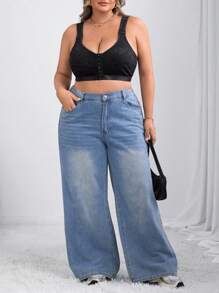 SHEIN CURVE+ Plus Size Women Front Button Lace Patchwork Comfortable Bra Camisole/Autumn /Winter Halloween