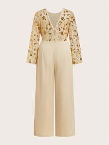 Ellevyn Plus Size Women's Elegant Long Sleeve Sequin Jumpsuit,Beige Autumn Wedding Festival Outfits,Night Out Concert Playsuit For Parties And Events - Apricot - View 9