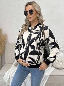 SHEIN 孕妇植物印花拉链休闲轻便夹克 - 杏色 - 查看 3