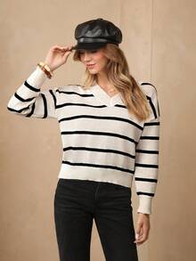 Wildy 黑白 V 领条纹落肩毛衣、长袖上衣 - 黑與白 - 查看 1