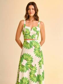 CAJUNI 女式度假白色底绿色香蕉印花 V 形开叉不对称下摆飘逸透明印花中长裙，夏季 - 彩色 - 查看 8