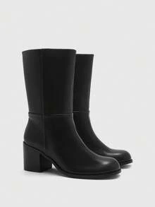 CUCCOO BIZCHIC Women's New Fashion Commuter Casual Lace-Up Buckle Thick Heel British Rider Motorcycle Mid-Calf Boots - Black - View 6