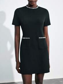 Maija Abito corto elegante da donna con colletto e tasche con strass, adatto per la stagione delle feste di inizio autunno, stile moderno 2025 - nero - Visualizzare 5