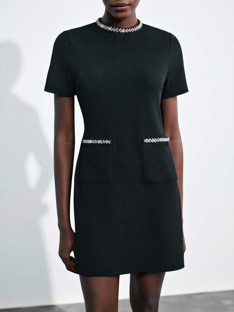 SHEIN Maija 2026 Modern City Rhinestone Collar & Pocket Elegant Short Dress For Women, Suitable For Early Autumn Party Season,Fall Dress,Halloween,Wedding Guest,Old Money Style Women, Summer Dress For Women, Sequin Dress Women  St Patrick's Day Women Easter Summer Outfits Easter Dress Women Party Top Beach Dress Summer Holiday Outfits Each Vacation Outfits For Women  Summer Outfit For Women Going Out Outfits Graduation Graduation Outfit  Casual Dresses  Casual Blouses For Women