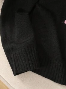 SHEIN Tween Girl Loose Casual Minimalist Comfortable Round Neck Pullover Sweater With Bow Design Fall Winter - Black - View 5
