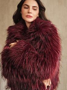 Anewsta 时尚酒红色和黑色仿皮草短外套，女士秋冬款 - 酒紅色 - 查看 3