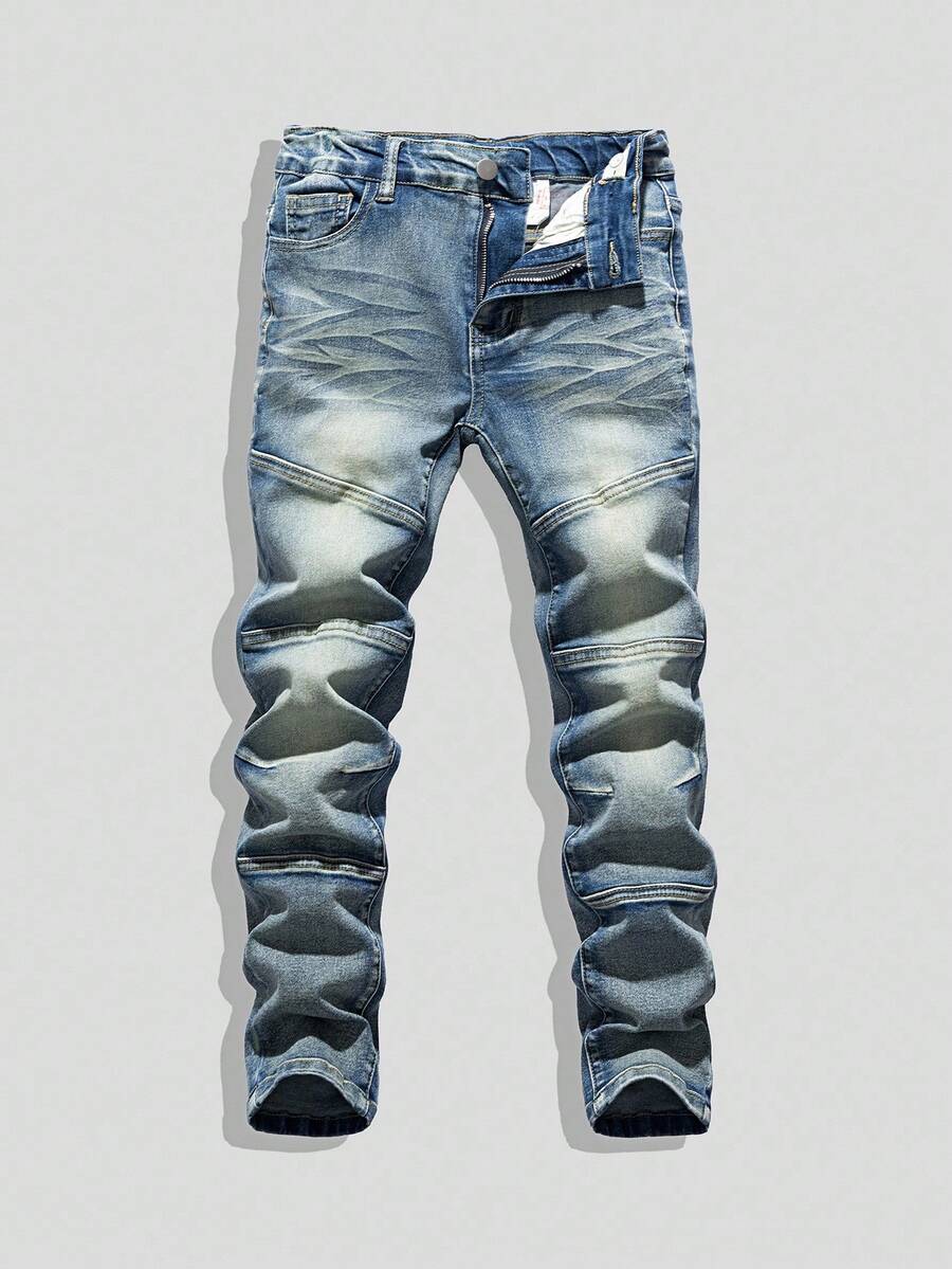 Tween Jungen Jeans, Lässig Stil, retro vintage gewaschene blaue Patchwork Skinny Jeans mit Elastik, coole Kombination für Schule & Lässig, Slim Fit, Heavy Wash, neue Herbstkollektion