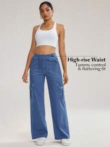 Flexra Women's Casual Multi-Pocket Denim Cargo Jeans