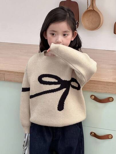 DAZY 女童圆领撞色韩版蝴蝶结长袖毛衣，秋冬款