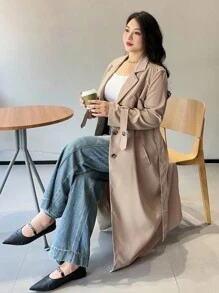 Dazy Plus Plus Size Women Solid Color Turndown Collar Loose Tie Sleeve Long Trench Coat, Autumn