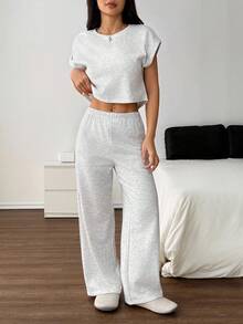 SHEIN PETITE Grey Knit T-Shirt And Pants Women's Loungewear Set Two Piece Lounge Set Two Piece Set Women Grey Two Piece Set Casual Two Piece Set Comfortable Two Piece Set
