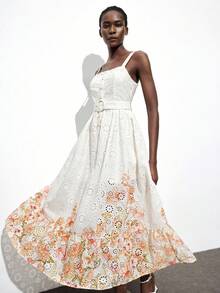 Maija 女式多色印花方领设计收腰别致度假浪漫波西米亚宽领口无袖褶皱腰喇叭形 A 字拼接沙滩裙，波西米亚风格伊莎贝拉岛度假装，夏季多巴胺度假装，独立音乐节西式长裙 - 彩色 - 查看 2