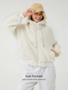 GLOWMODE Cozy Thick Polar Fleece Soft Warm Bomber Adjustable Drawstring Hoodie Windproof Ribbed Hem Cuffs Jacket With Side Pockets Daily Casual Winter - Beige - View 6
