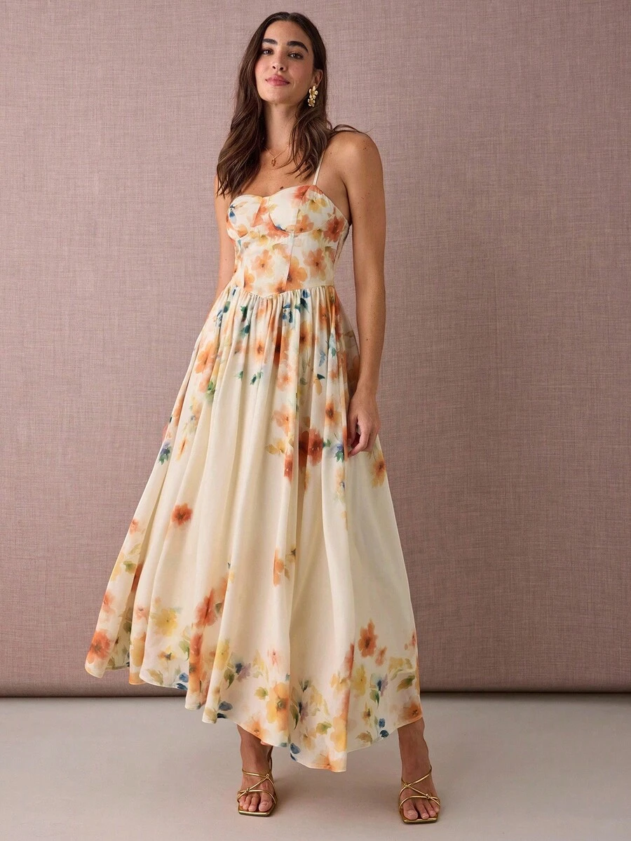 Enchnt Fall/Winter Romantic Women's Apricot Floral Print Spaghetti Strap Princess Maxi Dress - Yellow - View 1