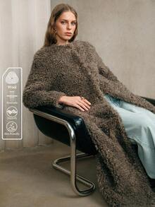 Arave Áo khoác nữ mùa đông lông giả cao cấp, thanh lịch, không cổ, dáng rộng, dài, mềm mại - Màu Xám nhạt - Xem 1