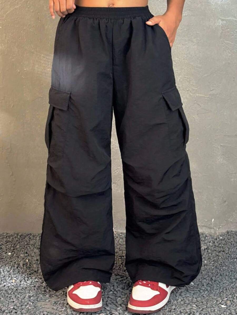 SHEIN Coolane 女童纯色抽绳裤，黑色裤子 - 黑色 - 查看 1