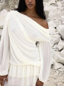 MUSERA 不对称领口垂褶雪纺荷叶边长袖迷你连衣裙，适合夜晚外出、生日等场合，优雅秋季派对、春夏假期穿着。 - 奶油色 - 查看 6