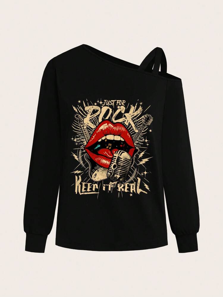 SHEIN LUNE 女士露肩长袖T恤，适合秋冬季节，摇滚风卫衣，露肩设计，哥特风，女士秋季服装，休闲款 - 彩色 - 查看 2