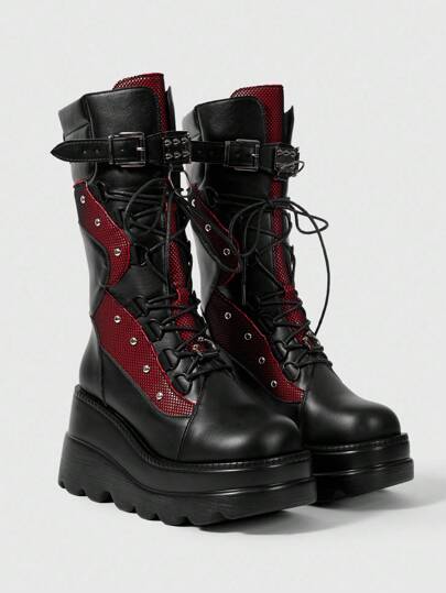 Grunge Punk Stivali alti sopra il ginocchio rossi e neri in stile punk con lacci, platform e fibbia in metallo