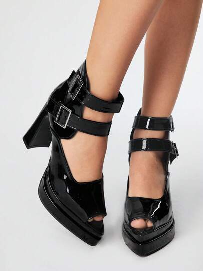 Goth Women's New Summer European And American Dark Style Thick Heel Super High Heel Sandals, Waterproof Platform Strap Sexy Plus Size Sandals