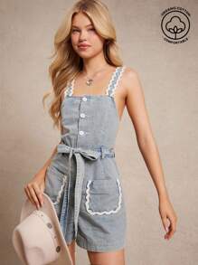WESTFADE 肩带纽扣前领结腰带 Ric Rac 波浪边棉混纺牛仔无袖连体衣夏季波西米亚牛仔女郎纳什维尔乡村音乐会 - 淺色水洗藍 - 查看 1