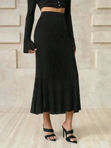 Arave 女士优雅水钻褶饰鱼尾下摆针织中长裙 - 黑色 - 查看 1