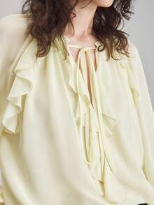 Ontre 2025 New Autumn/Winter Women's Top, Ladies' Yellow Tie-Neck Chiffon Ruffle Hem Sheer Top, Loose Fit, Woven Fabric, Suitable For Halloween, Christmas, Vacation Party, Elegant Casual Versatile Women's Top Elegant And Intellectual Female Wedding Guest Dress And Beautiful French Lazy High-End Sense Of Intelligence And Elegance Old Money Style Cruise Vacation Wear All-Season - Yellow - View 2