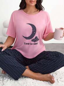 EURMUSE Cottonline 2pcs Plus Size Contrast Colour Moon Printed Short Sleeve Shirt And Star Printed Sleep Bottom PJ Set - Pink - View 4