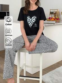 RueChic 2Pcs Cotton Heart Leopard Pattern Short Sleeve Shirt And Leopart Pattern Sleep Bottom Homewear Set - Black - View 1