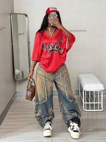 Coolane 女士春夏运动装基本款 Y2K 数字图案撞色蕾丝 V 领针织大码 T 恤