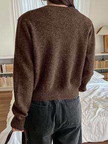 DAZY Women's Loose Casual Metal Buckle Decor Solid Color Knitted Cardigan, Autumn/Winter - Brown - View 3