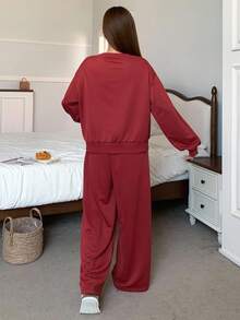 DAZY 女士字母印花宽松运动衫睡衣套装，秋冬，秋季服装 - 紅色 - 查看 2